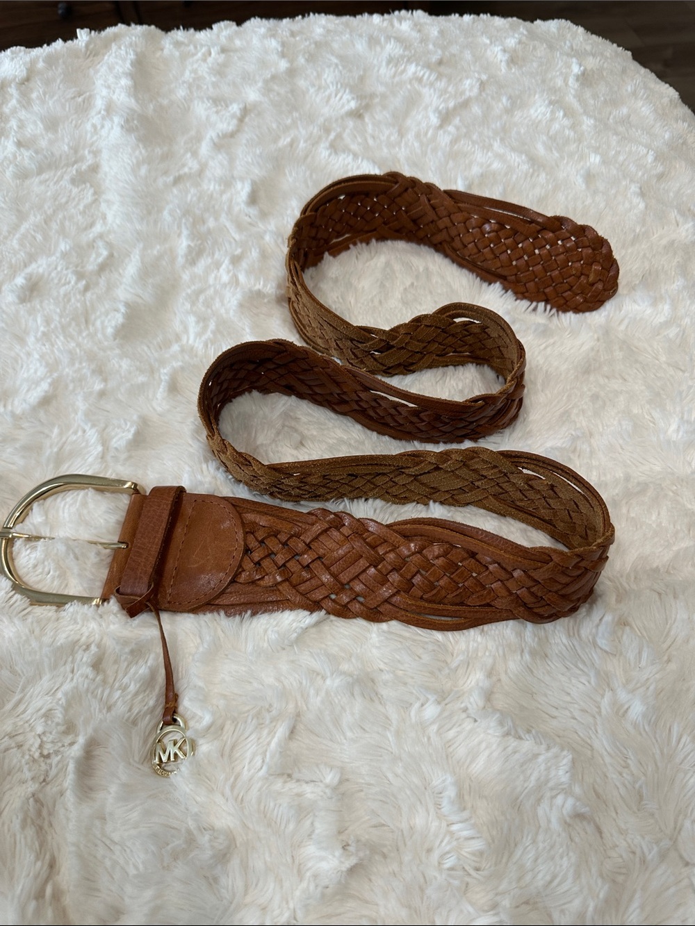 Michael Kors Brown Braided Leather Belt with Gold MK Charm- XL- Genuine Learher